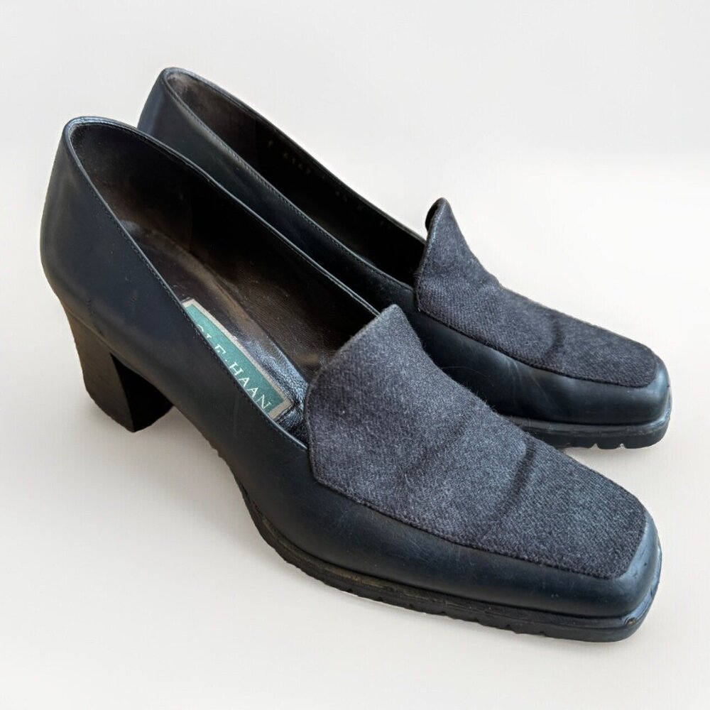 Cole Haan Womens 6.5 B Chunky Heel Pump Loafer Black Charcoal Square Toe